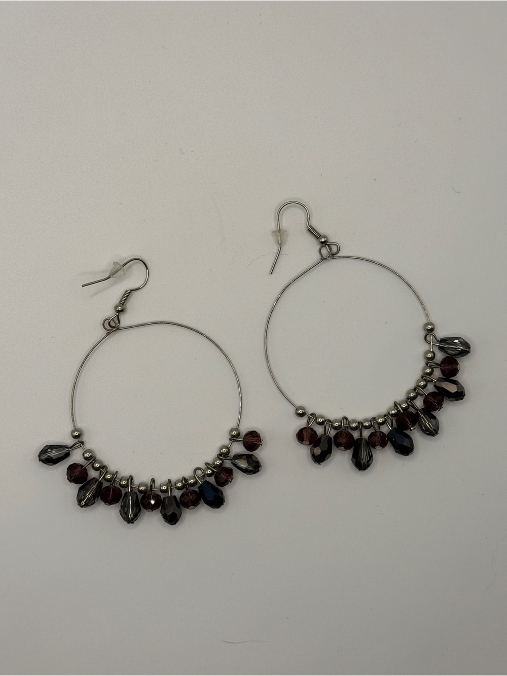 Silver Hoop Earrings with Garnet and Hematite Beads